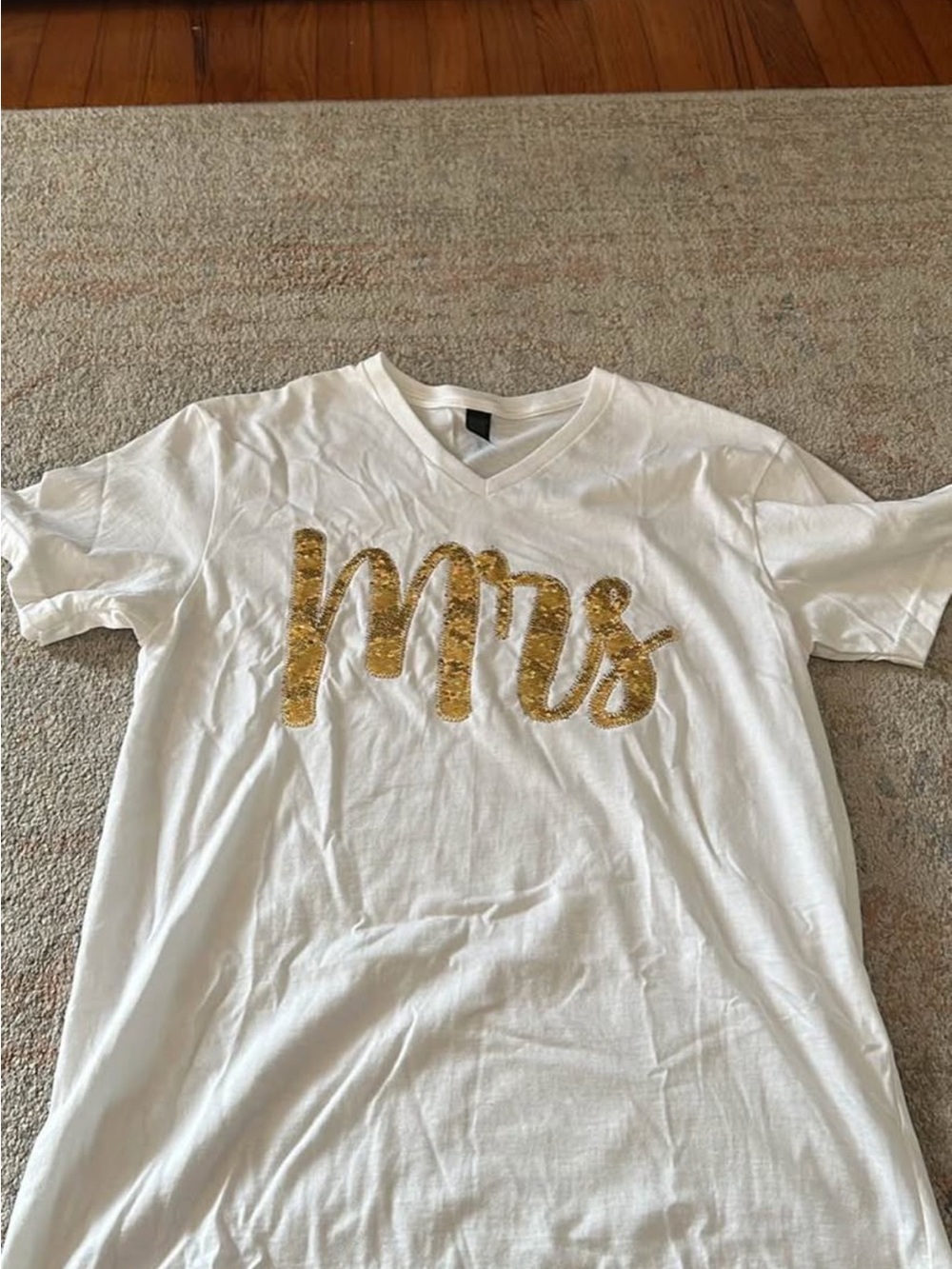 White V-Neck Tee with Gold 'Mrs' Script